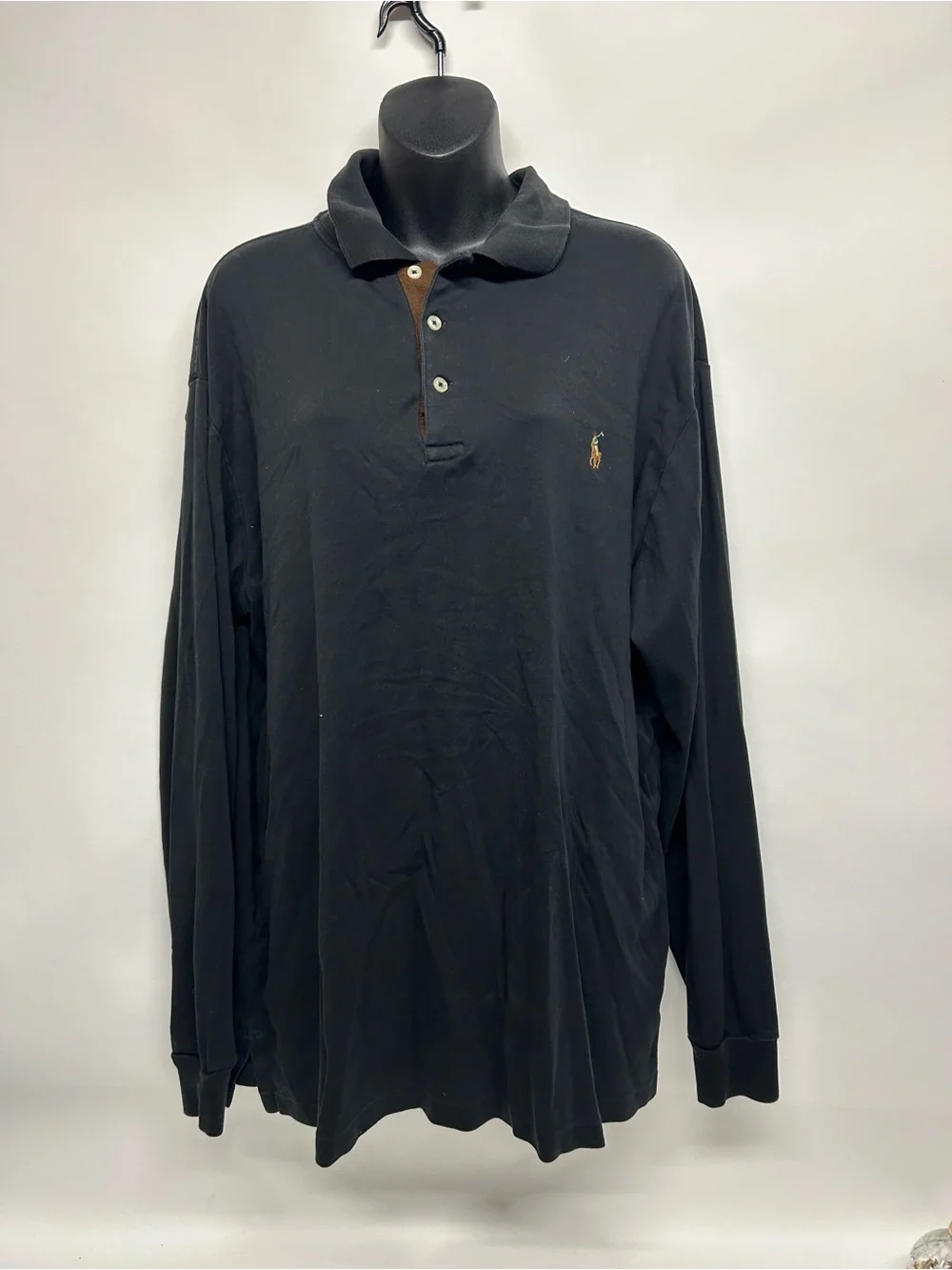 Polo Long-Sleeve Cotton Polo Shirt - Black large tall